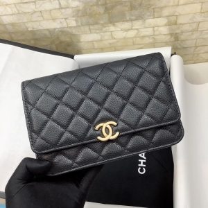 Chanel CO-CO Classic Wallet On Chain 19cm/7.5in Gold Toned Hardware For Women Black