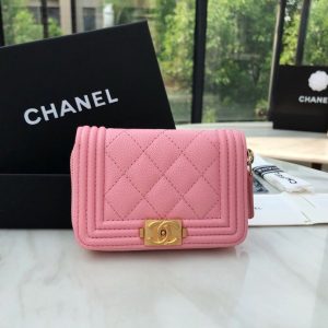 Chanel CO-CO Boy Chanel Zipped Coin Purse 11cm/4.3in Gold Toned Hardware For Women Pink