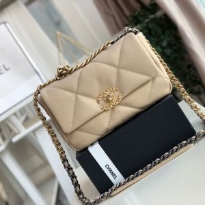 Chanel 19 Flap Bag Beige For Women 10.1in/26cm