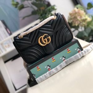 Gucci GG Marmont Small Matelassé Shoulder Bag Black Matelassé Chevron For Women 10in/26cm 443497 DTDIT 1000