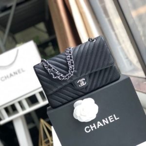 Chanel Chevron Classic Handbag Silver Hardware Black For Women, Women's Bags, Shoulder And Crossbody Bags 10.2in/26cm