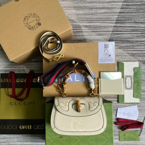 Gucci Bamboo 1947 Medium  Top Handle Bag White For Women, Women's Bags 10.2in/26cm GG
