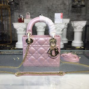 Christian Dior Mini Lady Dior Cannage Quilted Bag with Chain Gold Toned Hardware Pink For Women 6.5in/17cm CD