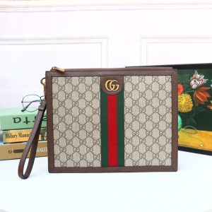 Gucci Ophidia Pouch With Web Beige And Ebony GG Supreme Canvas For Men 9in/24cm GG ‎672989 96IWT 8745