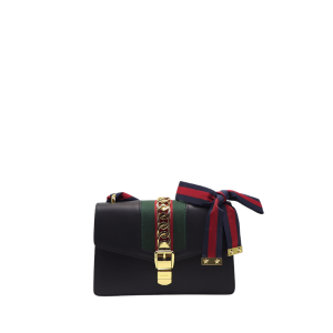 GUCCI LADIES SYLVIE LEATHER BAG IN BLACK 25.5CM 470270 D4ZAG 8015