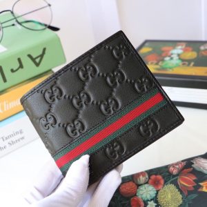 Gucci Bi-Fold Wallet Black GG Embossed With Red and Green Stripes For Men 4.3in/11cm GG