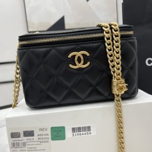 Chanel Small Vanity Case Black With Gold Zipper For Women, Women's Bags 5.9in/15cm