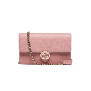 GUCCI PEBBLED NUDE PINK LEATHER INTERLOCKING G WALLET ON CHAIN CLUTCH BAG 20CM
