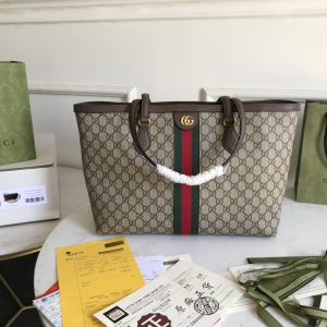 Gucci Ophidia GG Medium Tote Bag Beige/Ebony GG Supreme Canvas And Brown For Women 15in/38cm 631685 96IWB 8745