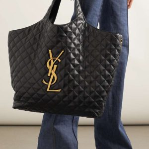 SAINT LAURENT Extra Large Embellished Quilted Leather Tote Bag for Women 53cm, YSL Black Tote for Women