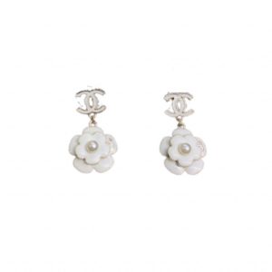 Chanel White Camellia Flower Earrings Gold Tone For Women