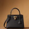 Hermes Kelly Epsom Gold Tone Lock Bag Black For Women 9,8in/25cm